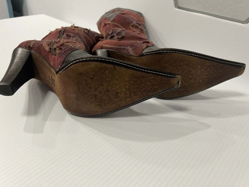 Vintage  Italian Artisan Distressed Corduroy and Leather Pointed Toe Boots - Picture 6 of 7